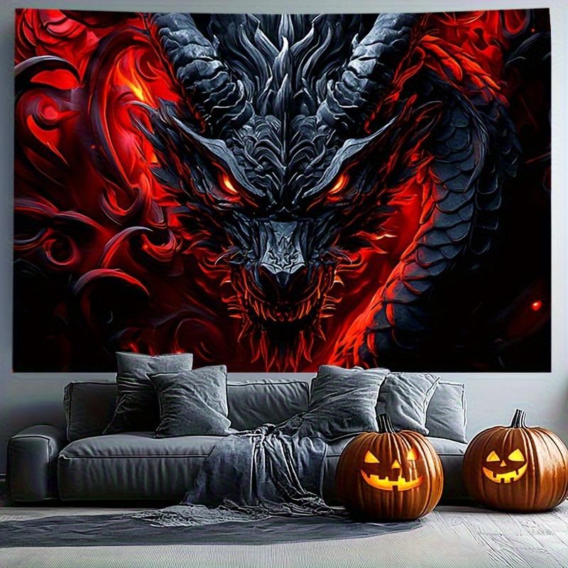 Vurig Draak Wandkleed, Duister Fantasie Monster met Gloeiende Ogen, Halloween Horror Wanddecoratie voor Slaapkamer Woonkamer Decor 130x150cm51x59in