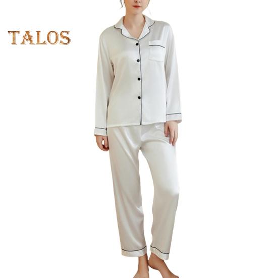 2-teiliges Pyjama-Set aus Satin, einreihig, Strickjacke, V-Ausschnitt, Reverskragen, einfarbiges Hemd, weite Hose, lockere Hose, Nachtwäsche