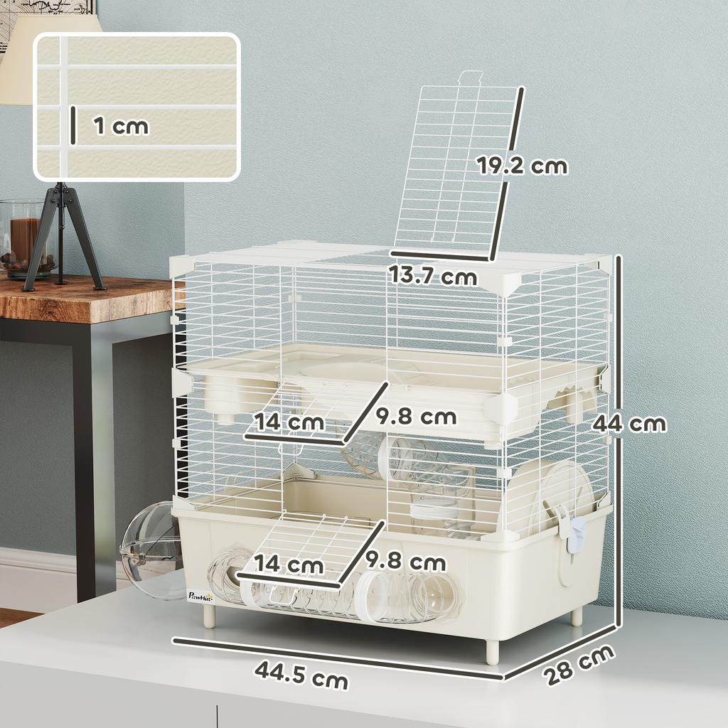 2-Tier, 3-Door Hamster Cage with Wheel and Tubes, Steel, PS and PP, 44.5x28x44 cm, Cream and White