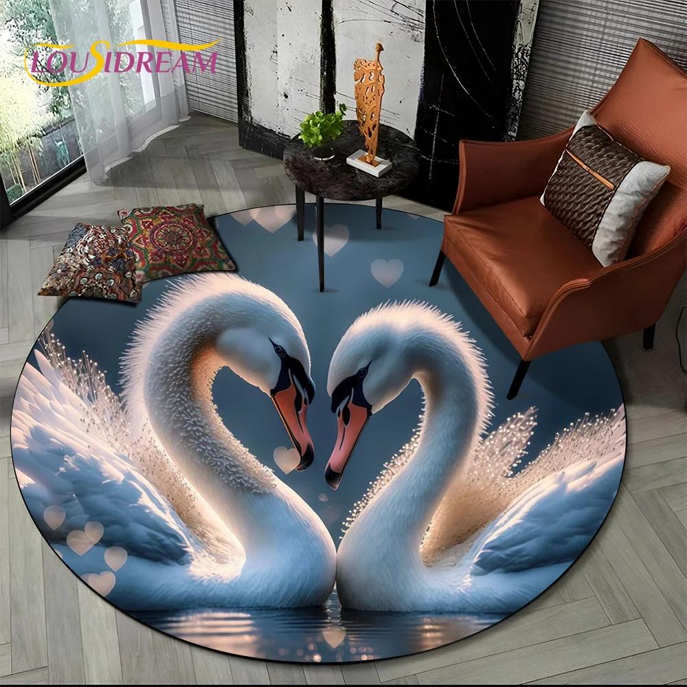 3D Dream Love Swan Cartoon Cygnus Girl Gift Round Carpet Rug for Living Room Bedroom Child Decor,Pet Area Rug Non-slip Floor Mat