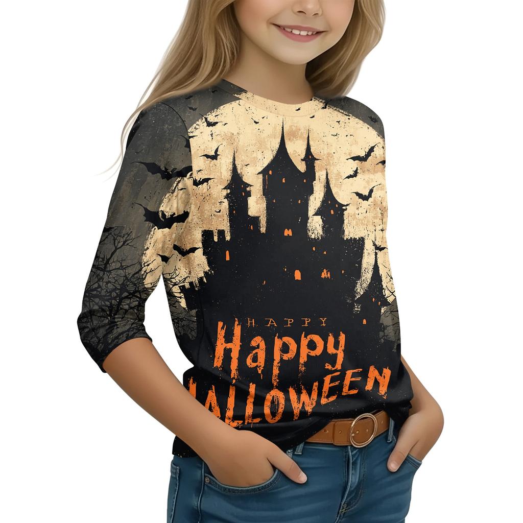 Kids Casual Long Sleeve T-Shirt with Halloween Print Round Neck for Party Costume
