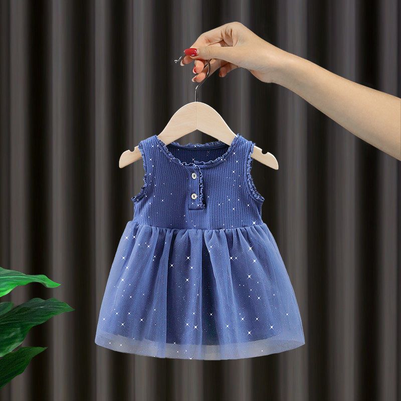 

Платье для девочек, летнее модное сетчатое платье, платье принцессы с рюшами, платье трапециевидной формы без рукавов 90 синий