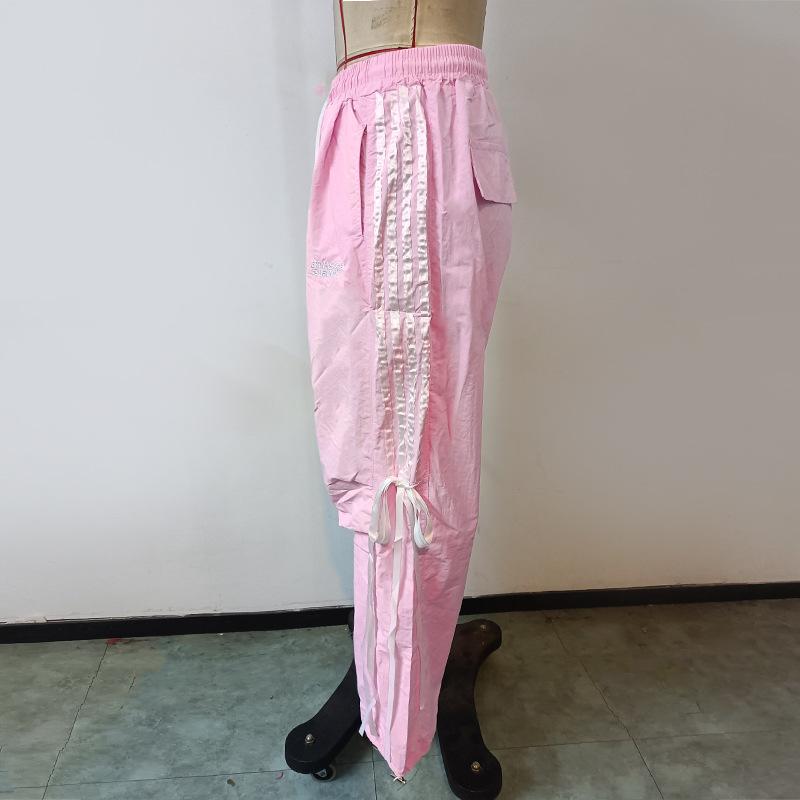 Spring and Summer Striped Splicing Lacing Solid Colour High Waist Commuter Casual Slim Women's Pants