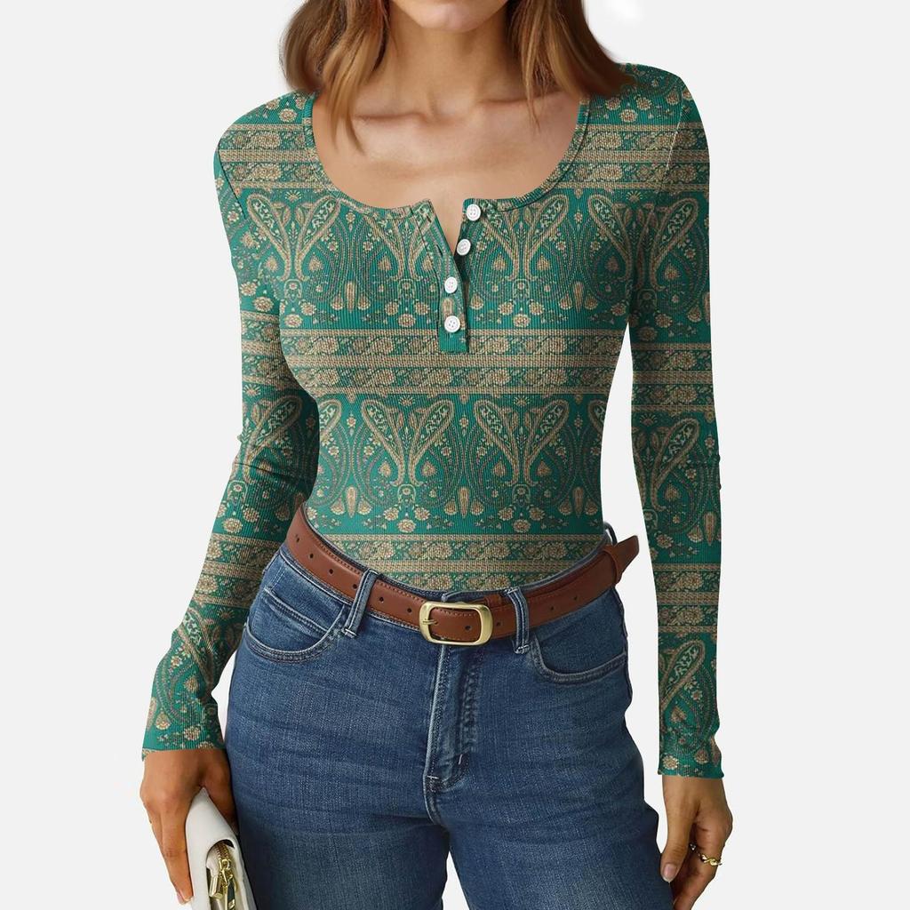 Women's Slim Bottom T-shirt Fashion Casual Gradient Printing Round Neck Pullover Long Sleeve Top