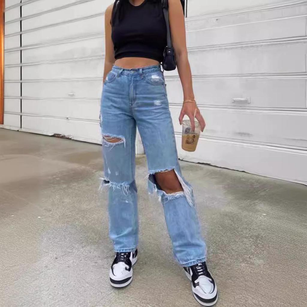 Women's Ripped Wide-Leg Thin Denim Pants