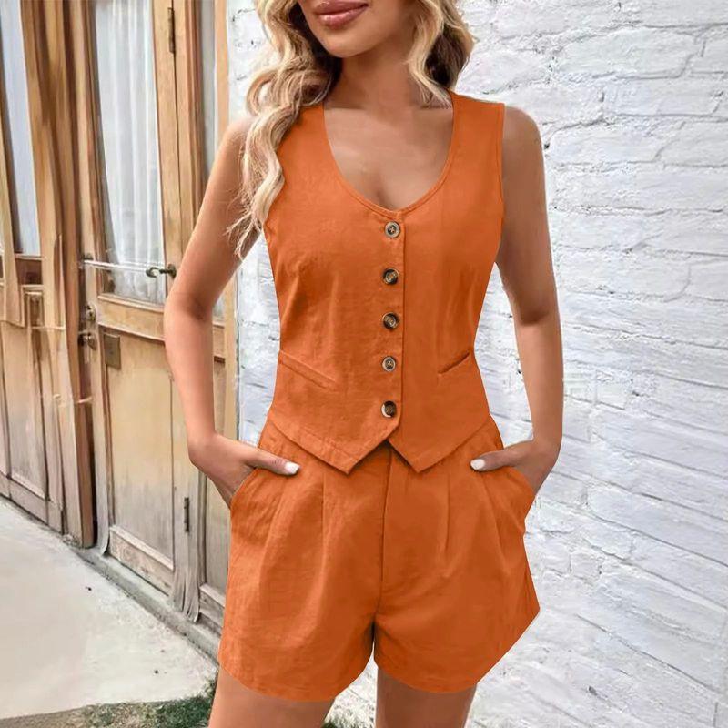 Solid Color V-neck Sleeveless Casual Suit Solid Color and V-neck Sleeveless Casual Suit