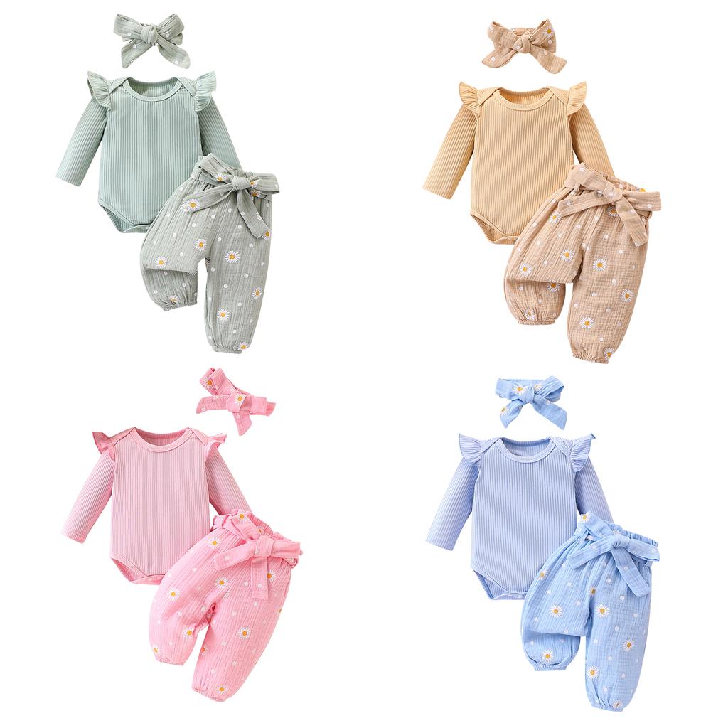 Herbst-Outfits für Babys, Mädchen, einfarbig, gerippter Langarm-Strampler mit Hose mit Gänseblümchenmuster, Gürtel und Stirnband, 4-teiliges Set