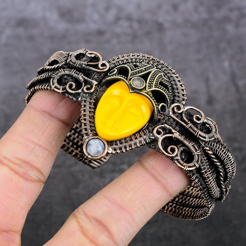 Cameo, Moonstone Handmade Copper Wire Wrap Cuff Bangle Adjustable K4k71