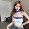 Color Block Patchwork Denim Bandeau Top - Trendy European American Summer Buttoned Sexy Short Top