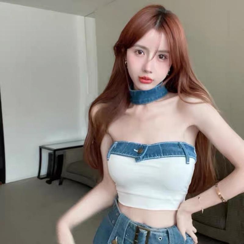 Color Block Patchwork Denim Bandeau Top - Trendy European American Summer Buttoned Sexy Short Top