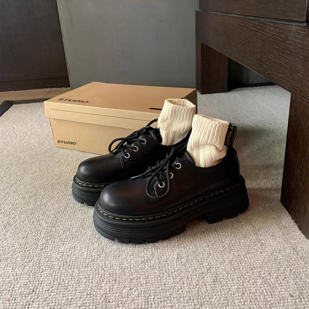 Rindslederversion~ Klassische Leder-Schnürschuhe im britischen Stil mit erhöhter dicker Sohle, runder Spitze, kleine Lederschuhe, Damen-Slipper, Muffin-Schuhe