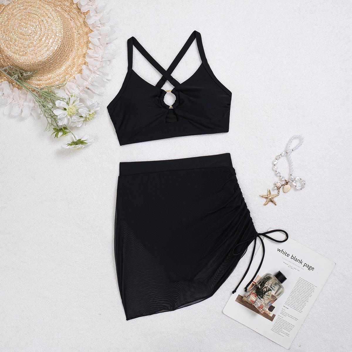 

Женский купальник черный сексуальный без спинки на завязках с сетчатыми юбками двухсекционный купальник пляжная одежда S чёрный