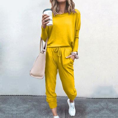 2 ks/sada Dámský top a kalhoty O-výstřih Dlouhý rukáv Jednobarevná Sportovní mikina Stahovací guma v pase Kalhoty s náplety na kotnících Fitness outfit