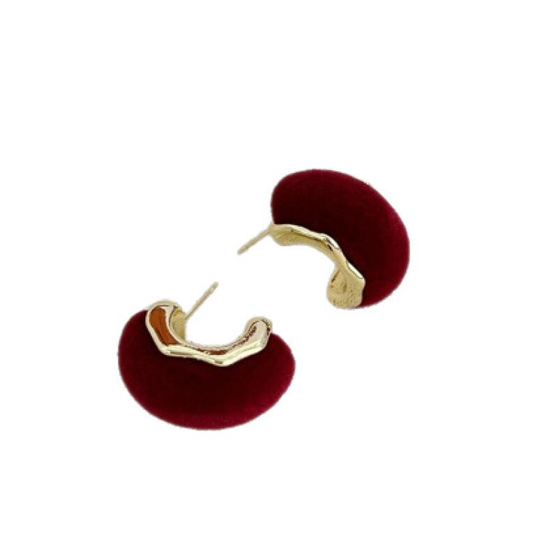 Vintage Wine Red Velvet C-Shaped Earrings for Women Girls Temperament Elegant Stud Earrings Daily Commute Jewelry Accessories