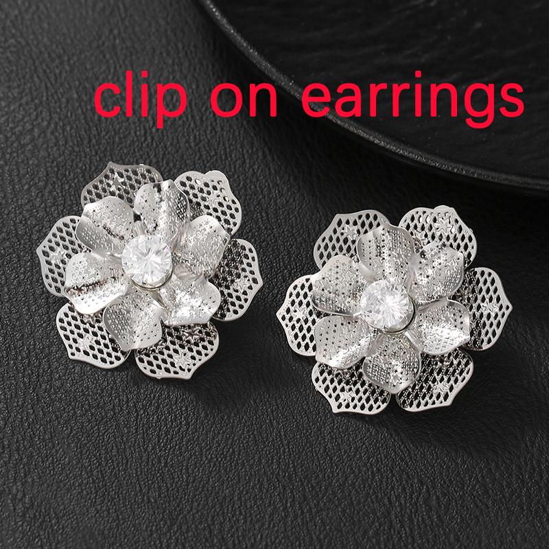 Trendy Exaggerated 2-layer Metal Flower Clip On Earrings for Women Retro Dimensional Hollow Zircon Earrings Statement Jewelry