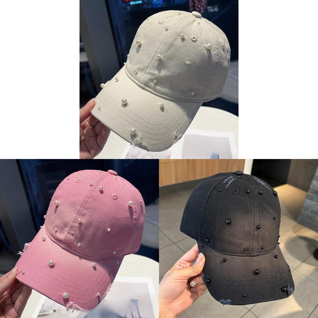 Cotton Baseball Cap With Pearl Embellishments For Summer Sun Protection