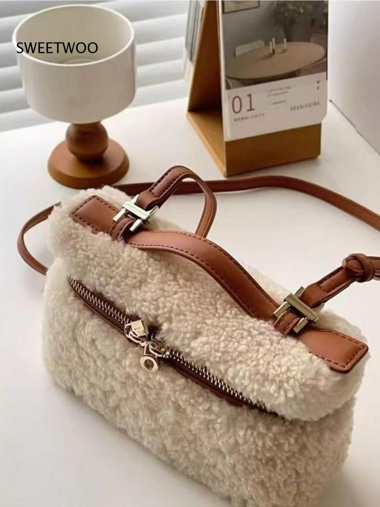 Fuzzy Fleece Crossbody Shoulder Bag Women Faux Leather Trim Zipper Closure Retro Style Daily Handbag