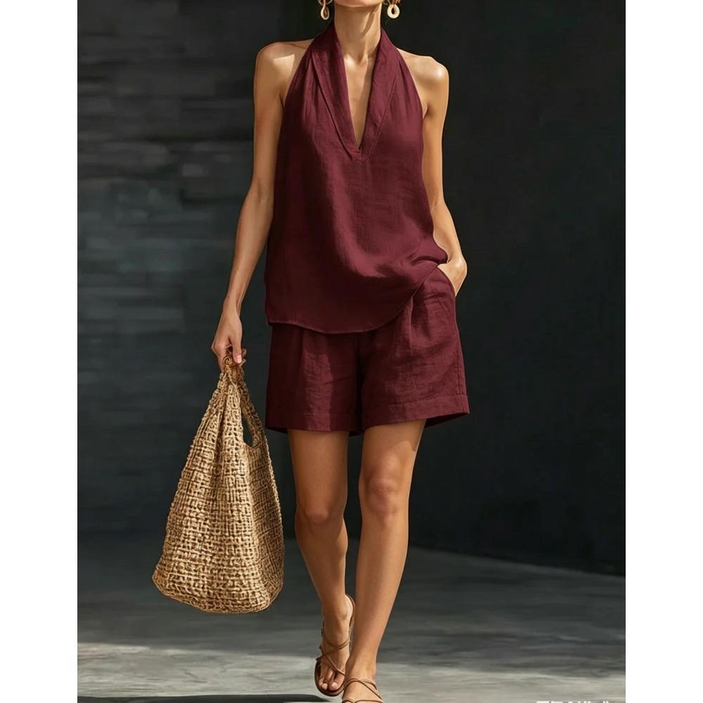 Damen Lässiges V-Ausschnitt Kurzarm Top & Weite Hosen Zweiteiliges Set, Lockeres Entspanntes Outfit für den Sommer