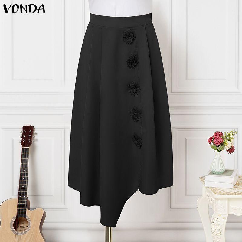 VONDA Elegant Women Back Elastic Flowers Casual Long Pleated Skirts