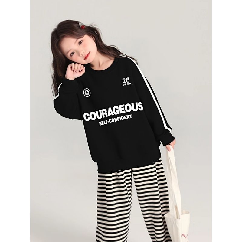 Korean Brand Export Children's Clothing New Arrivals for Older Girls, Letter Print Sweatshirt, Boys' Pullover with Fleece Lining