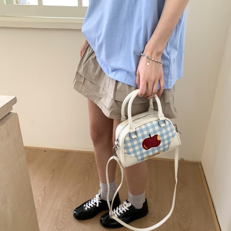 Cute Apple Handbag Bag 2025 New Large-capacity Versatile Class Commuter Backpack Plaid Small Square Bag