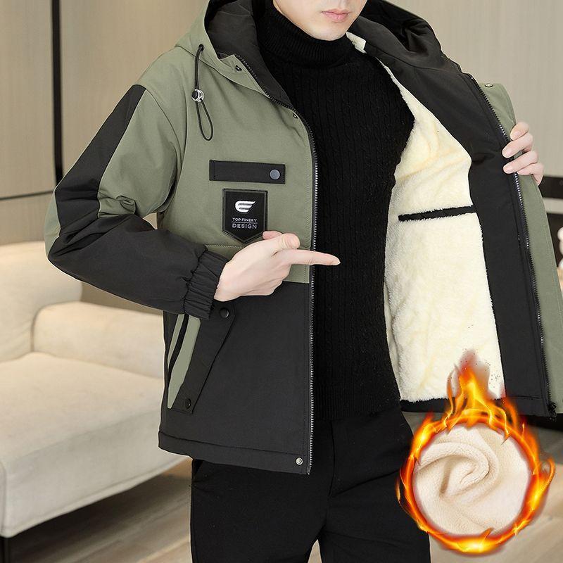 

Плюс бархатная толстая куртка мужская осенне-зимняя молодежная куртка с капюшоном мужское утепленное хлопковое пальто XL зелёный