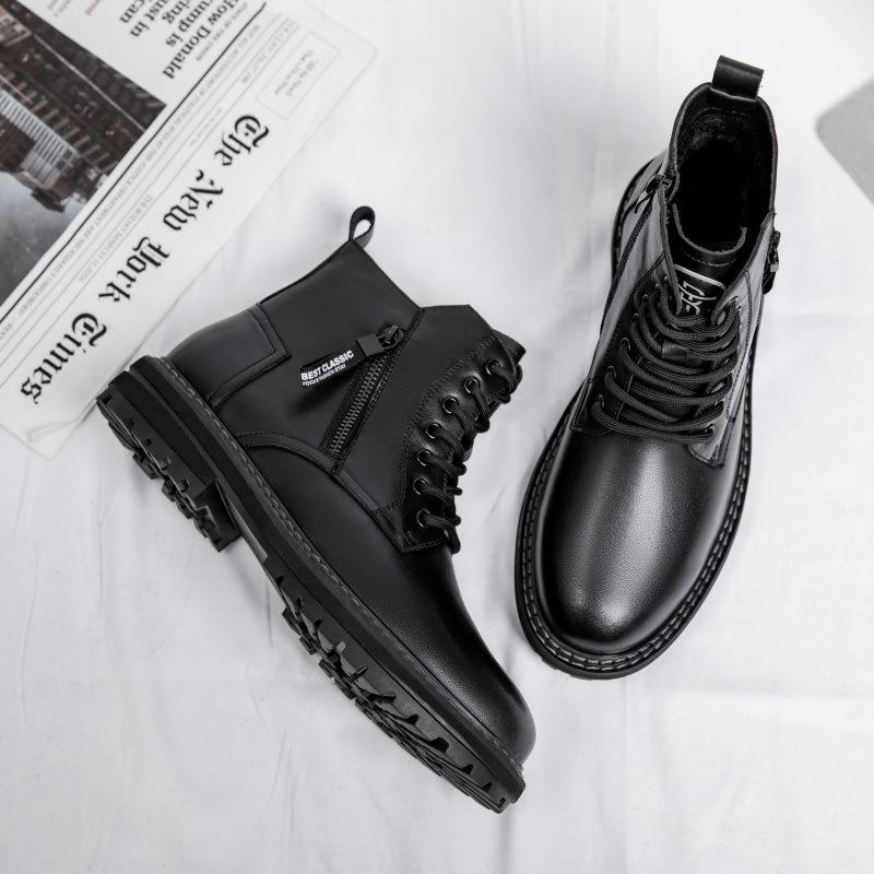 Martin Boots Men's Winter New Versatile Velvet Tooling Casual High-top Leather Boots Warm Cotton Boots Non-slip