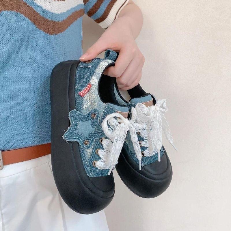 

Платформенные парусиновые туфли женские осень 2025 новый подъем высоты уродливые милые большая голова джинсовые толстые туфли со звездой кеды спортивная обувь 40