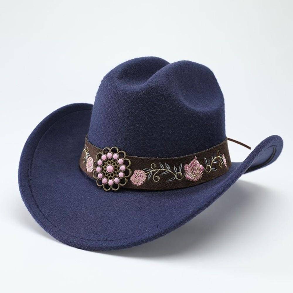 Wide Brim Felt Western Cowboy Hat Floral Embroidery Sun Hat Ethnic Style Fedora Hat Birthday Party