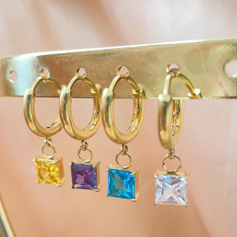 Spring and summer colorful crystal cubic zircon earrings, clear titanium steel colored gemstone earrings do not fade