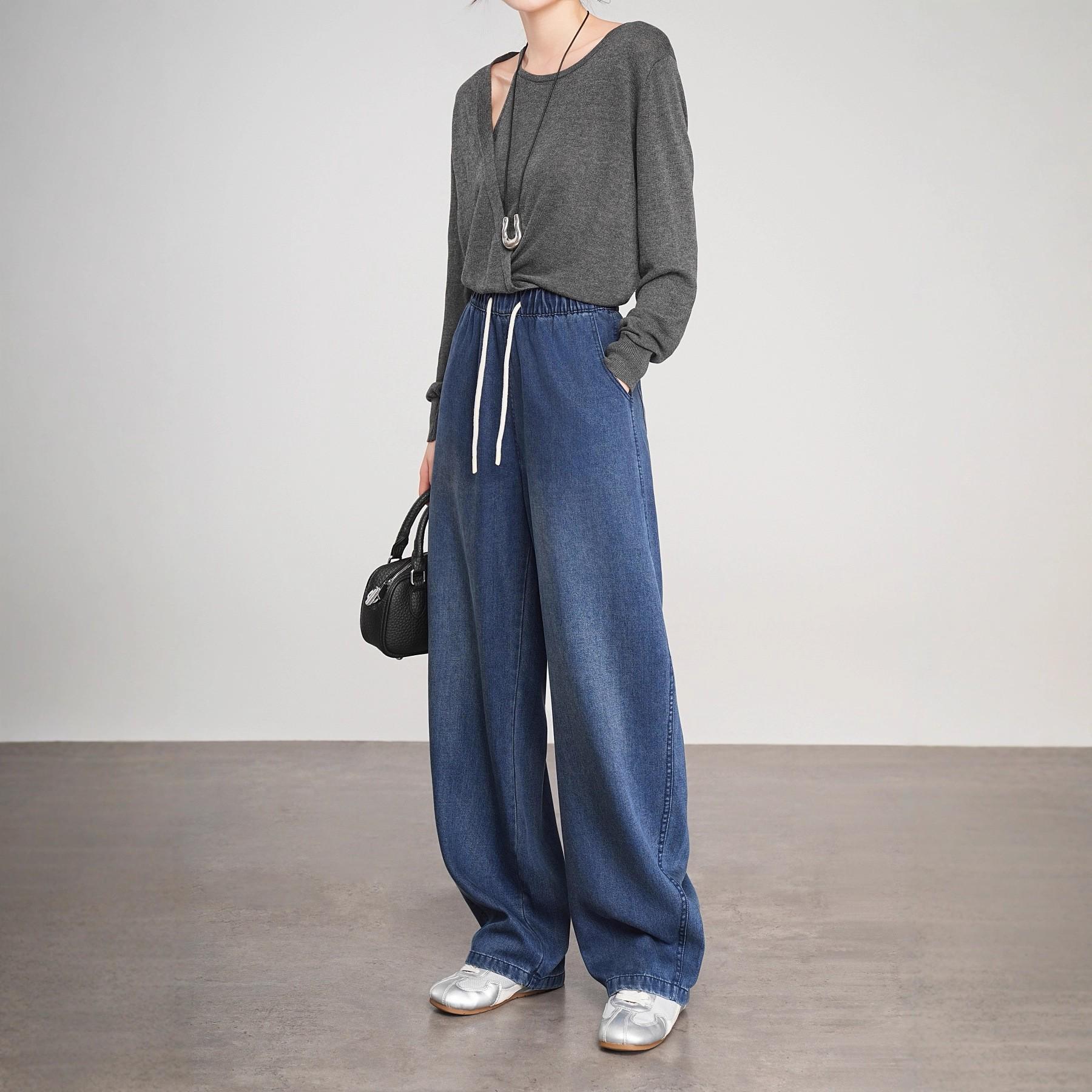 2026 Spring/Autumn Women s Retro Lyocell Denim Wide-Leg Pants - Trendy Elastic Baggy Banana Leg Style Small