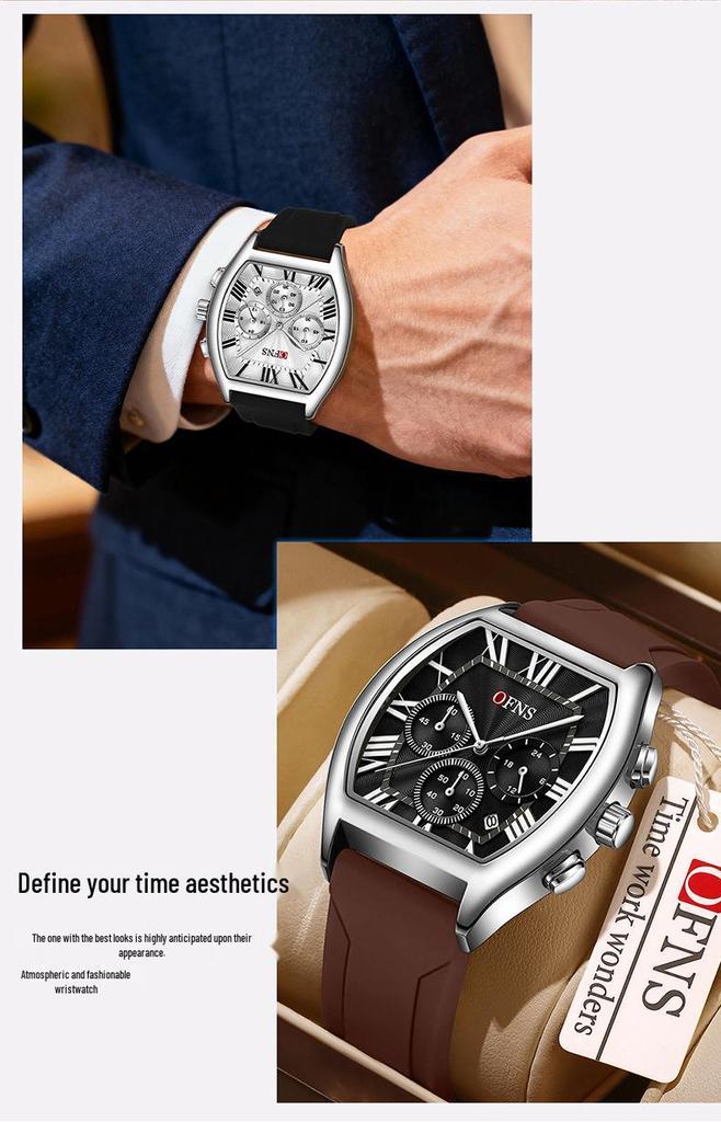 European Wine Barrel Style Men's Waterproof Roman Numeral Chronograph Quartz Watch with Calendar