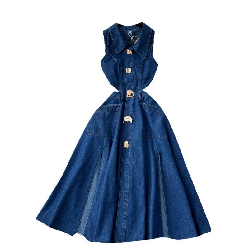 Chic Retro Breasted Cut Out over the Knee Denim Dress