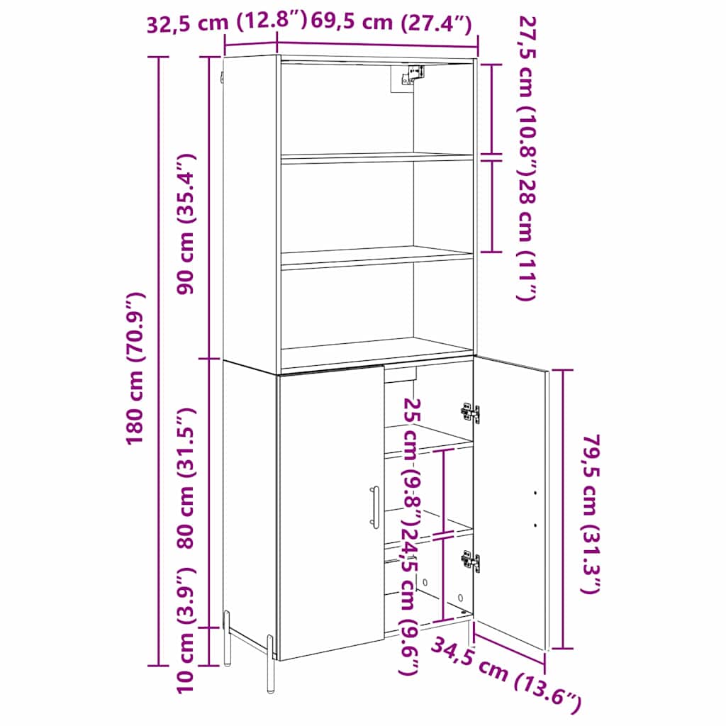Highboard Reclaimed Wood 69.5 x 32.5 x 180 cm Particleboard