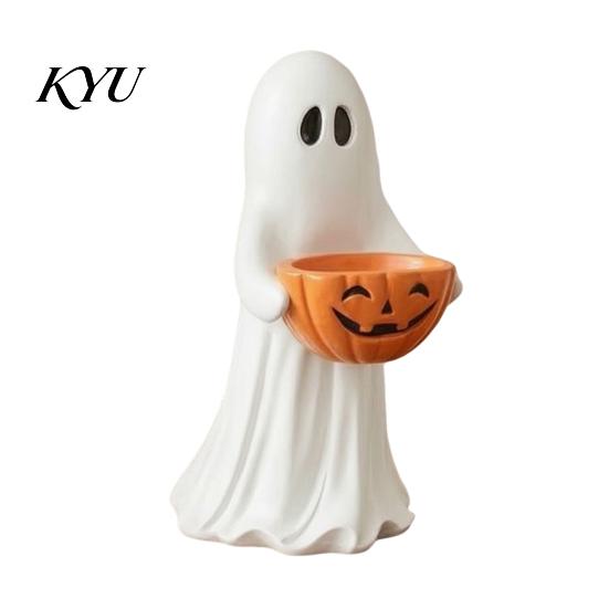 Festive Home Accents Halloween Ghost Figurine with Pumpkin Candy Bowl, Cute Resin Statue, Freestanding Vintage Style Ornament Trick or Treat