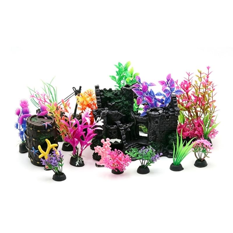 Aquarium Landscape Props with 17 Mixed Plant for Fishtank Decoration Use, Indoor Tanks Underwater Decoration and Home Styling Use