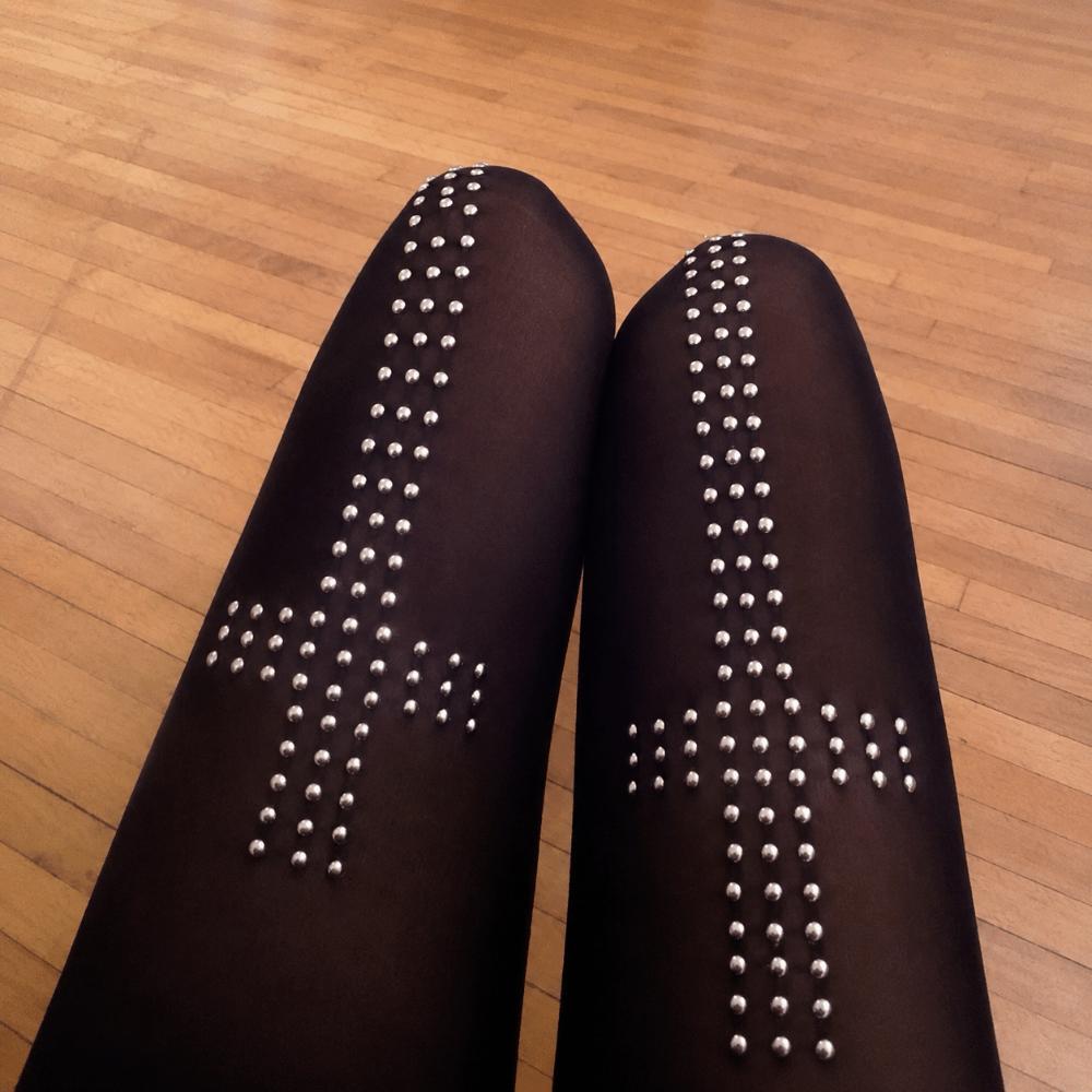 Vintage Black Gothic Tights Breathable Rhinestone Stockings Hip-hop Cross Pantyhose Women