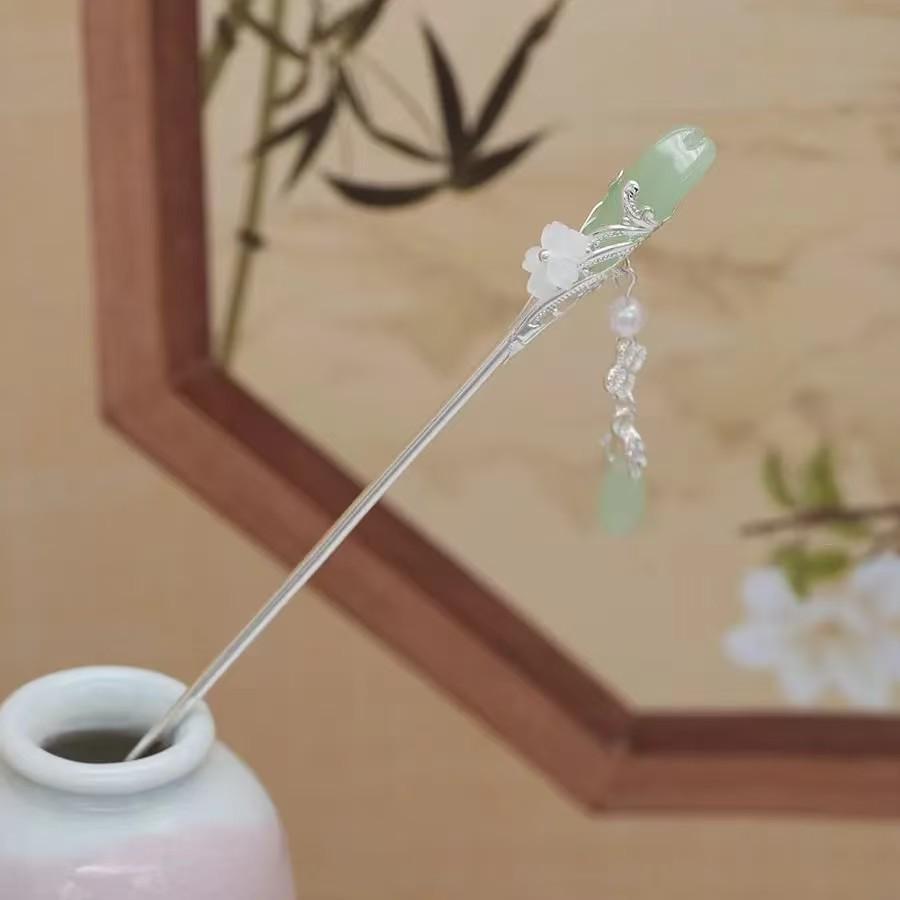 Retro Ethnic Hairpin: Glazed Water Drop Silver Tassel Hanfu Stick