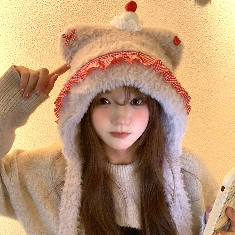 Cute Cherry Bear Plush Hat Women's Winter Thickened Warm Baotou Ear Protector Hairy Riding Lei Feng Hat