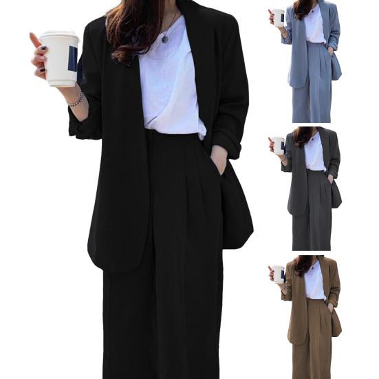 2 pezzi/set cappotto formale da donna pantaloni set maniche lunghe cardigan con cuciture aperte giacca di media lunghezza pantaloni larghi dritti gamba larga vita alta formale