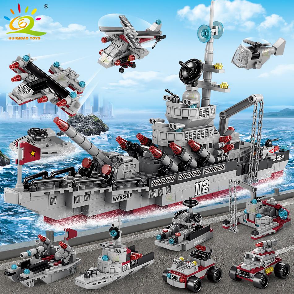 Military Ship 554pcs 8in1 Aircraft Cruiser Building Blocks Army Warship Plane Truck Bricks City Children Toys for Boy