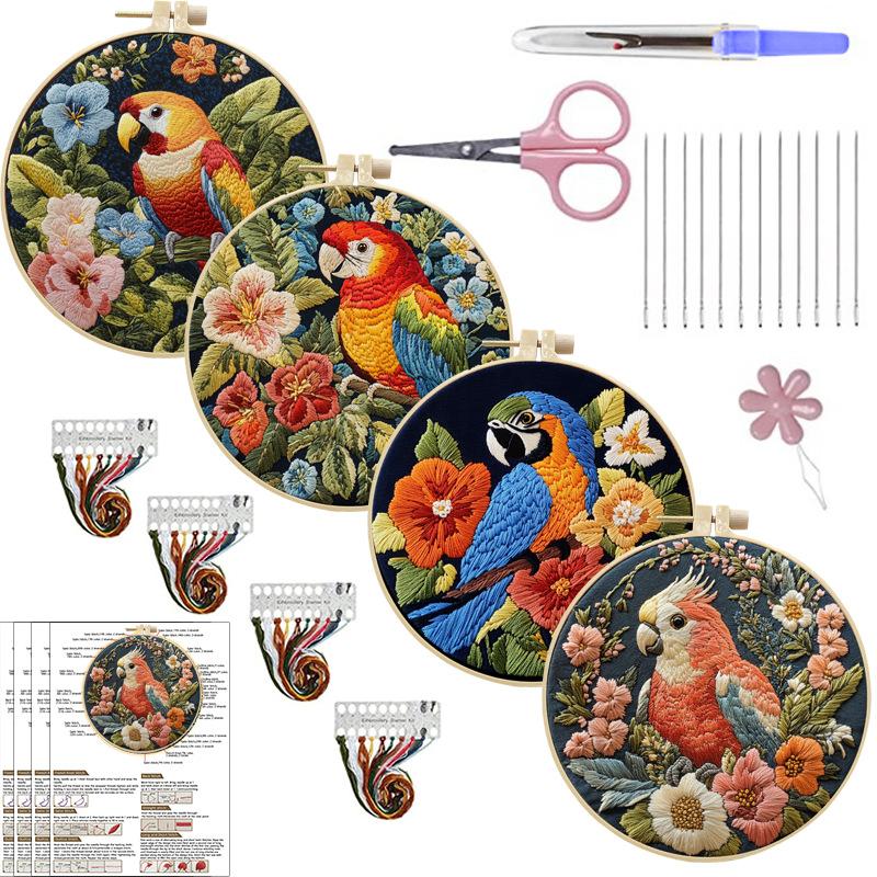 1pc Parrot and Flower Pattern Embroidery DIY Fabric Craft Kit