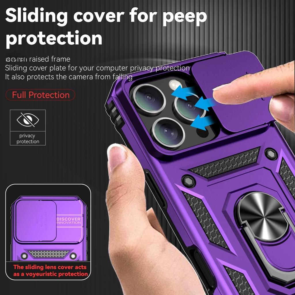 For iPhone 17 16 16e 15 Pro Max 14 Plus 13 12 11 Case Phone Bumper with Clear Tempered Glass Screen Protector Slide Camera Cover Ring Kickstand Holder