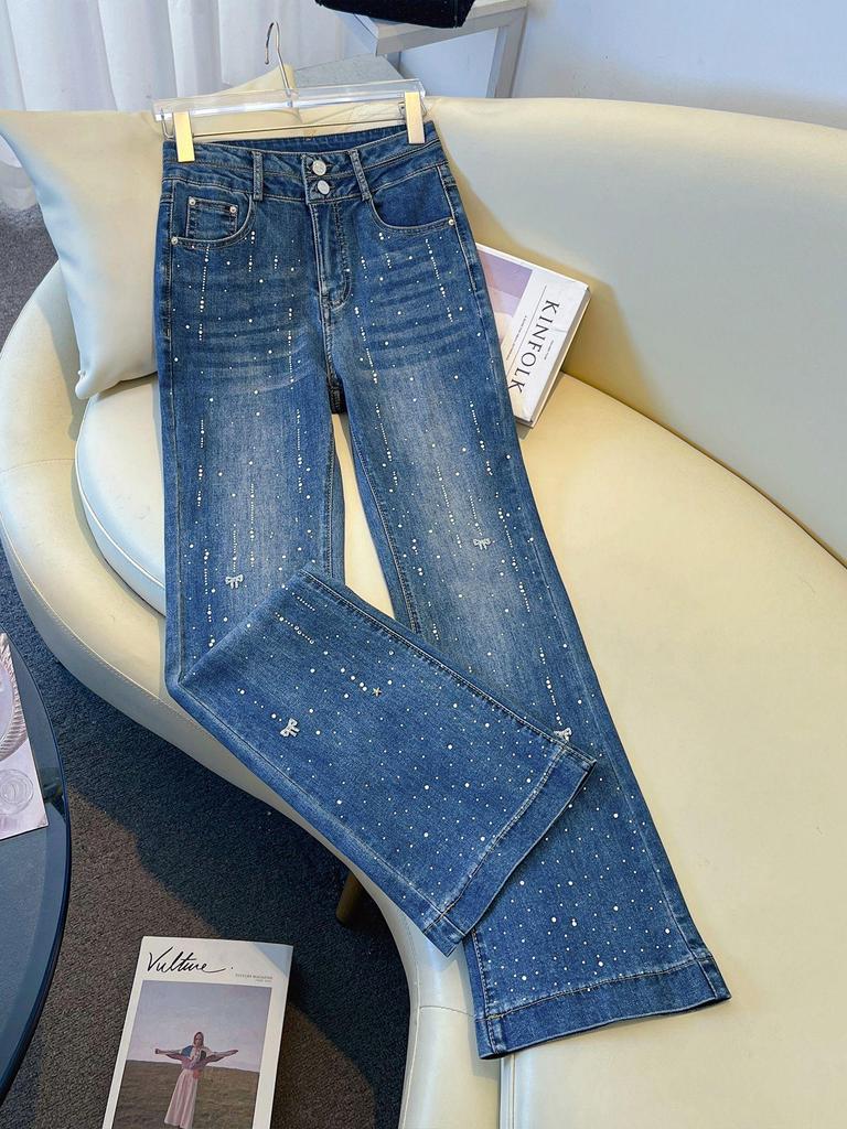 Women's High-Waisted Rhinestone Slim Fit Micro-Flare Denim Pants - 2026 Spring/Winter Trend