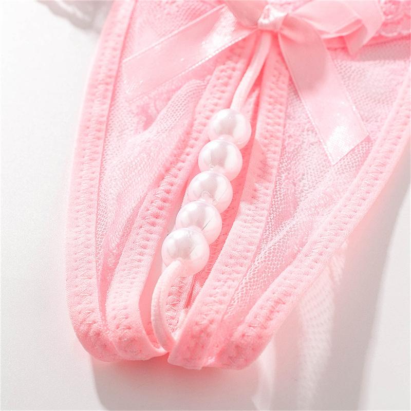 Women Sexy Panties Bowknot Beads Lace Low Waist Pearls Underpants Thongs Briefs