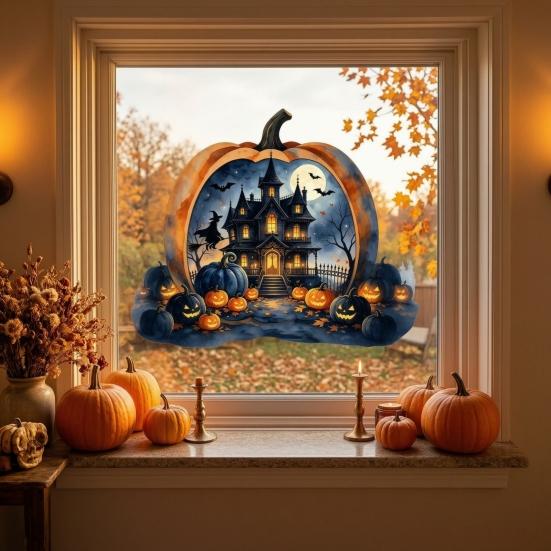 Decorative Holiday Gift for Friends Halloween Pumpkin Haunted House Static Window Stickers, Waterproof PVC Castle Outdoor Balcony Stickers