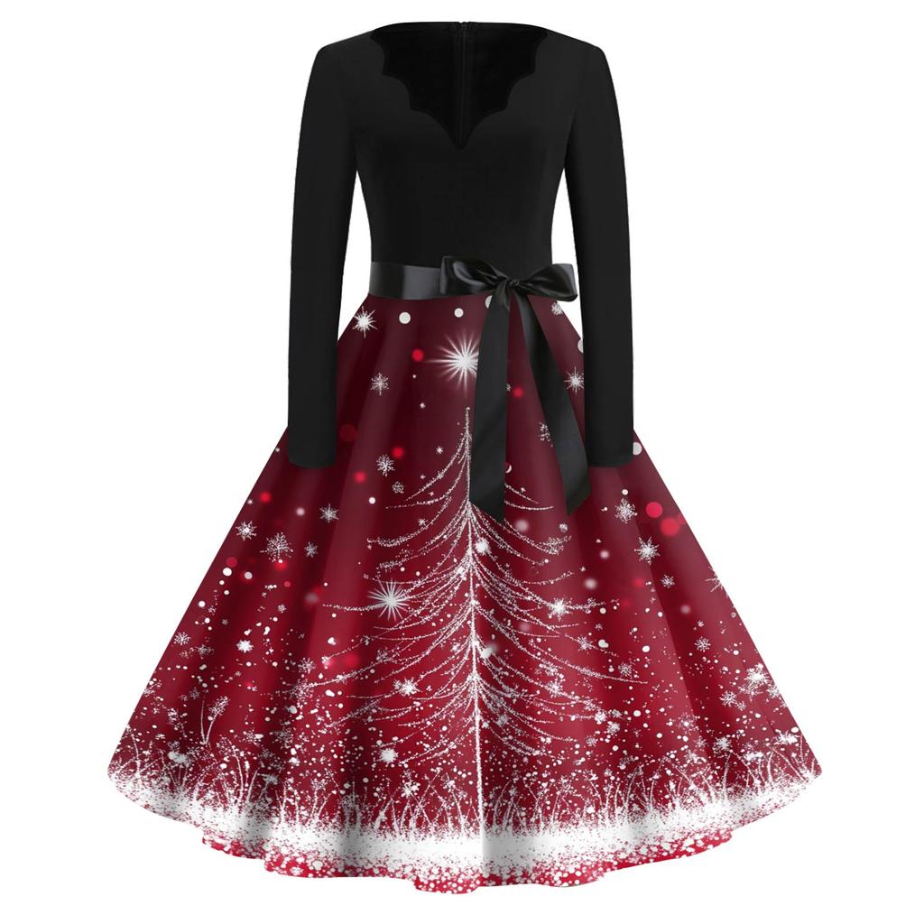 Women's Fashion V-Neck Relaxed-Fit Christmas Print Long-Sleeved Dress