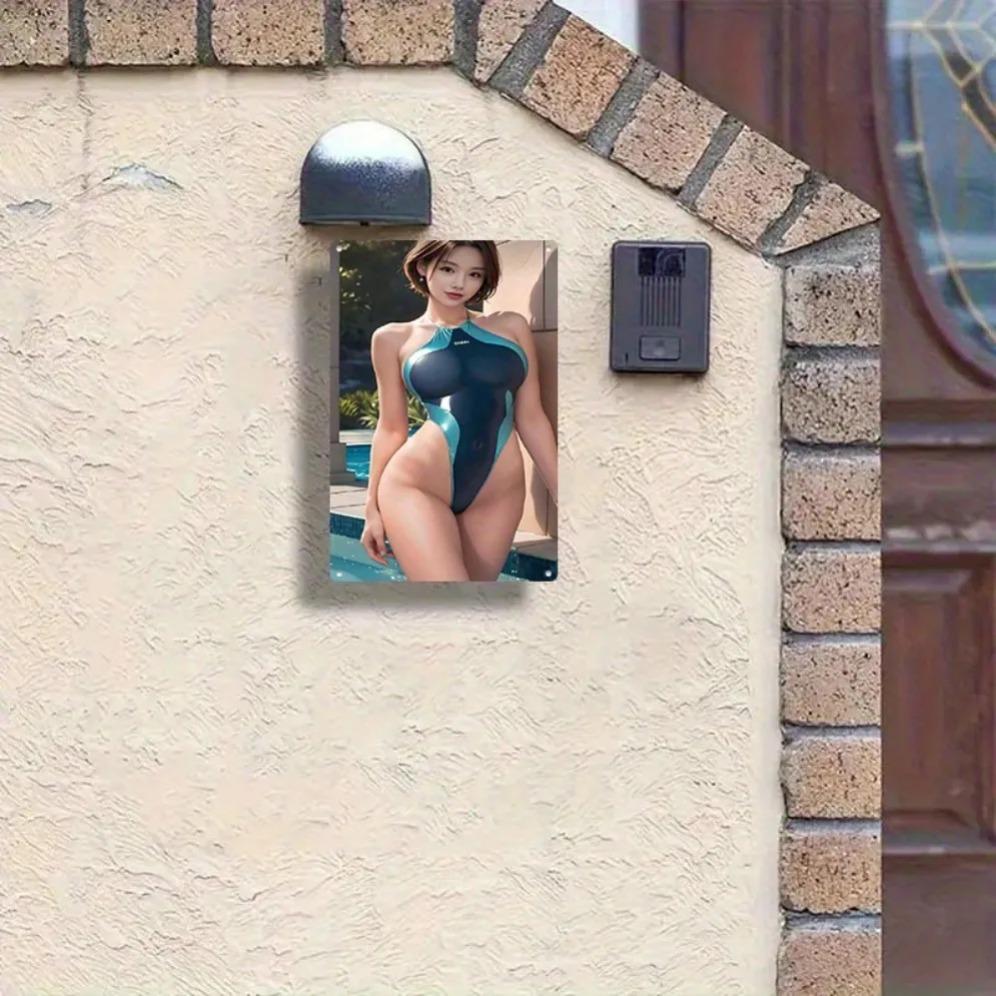 Vintage Metal Wall Art Blue Bikini Summer Pool Retro Decor 8x12 Inch