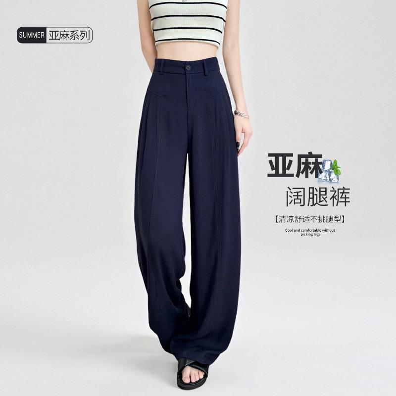 Navy Blue Tencel Linen Wide-leg Pants Women's Summer Thin High Waist Drape Straight Loose Lazy Cotton and Linen Suit Pants