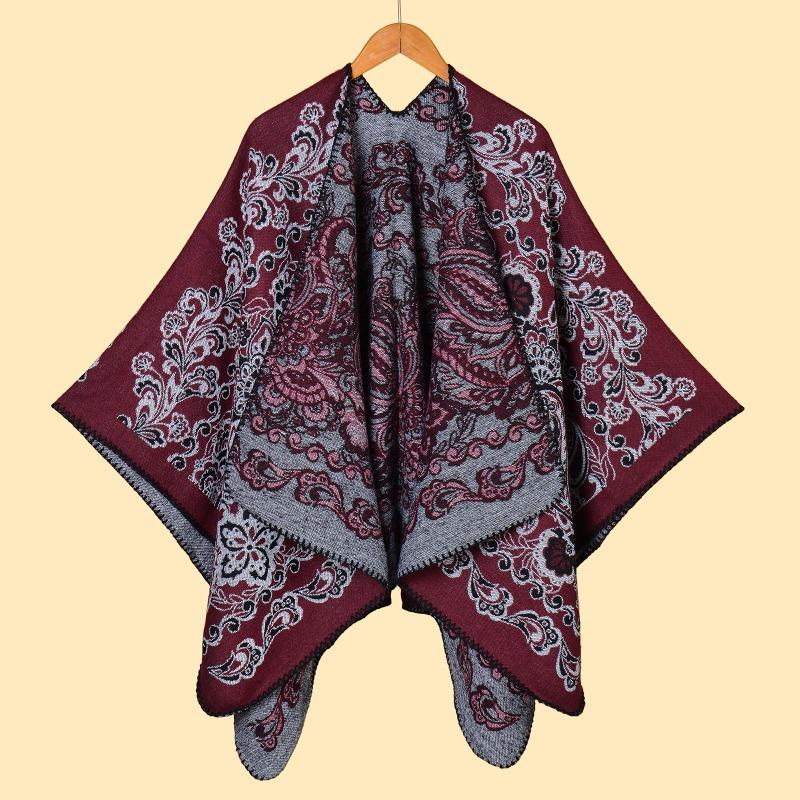 Women's scarf shawl retro jacquard thickened imitation cashmere split warm shawl cape autumn and winter models